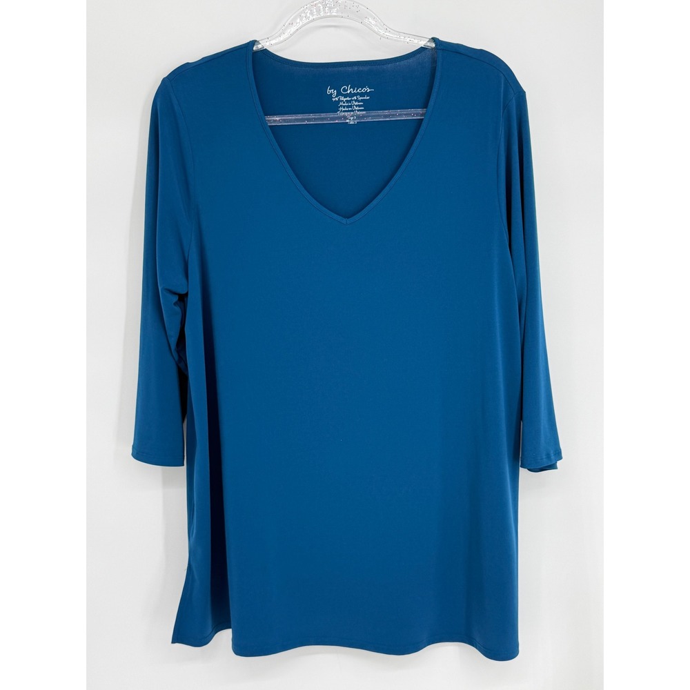 Chicos Teal Blue V-Neck 3/4 Sleeve Stretch Jersey Top S 2/L